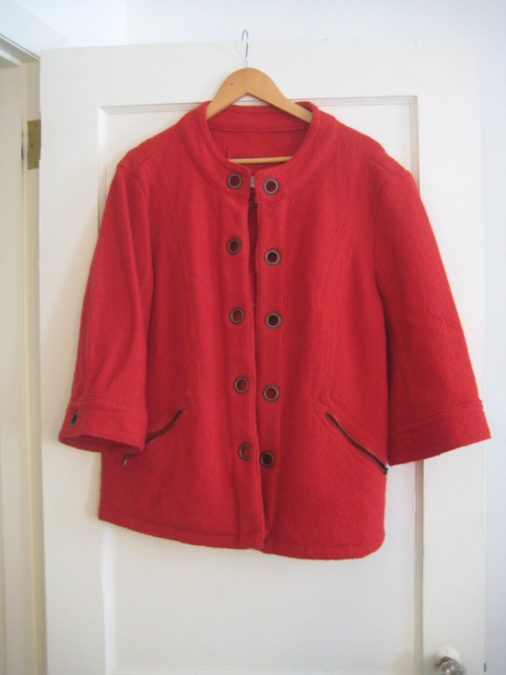 LADY'S RED BOILED WOOL LAL LIVE A LITTLE JACKET w/HOOK & EYE CLOSURES SIZE 1X